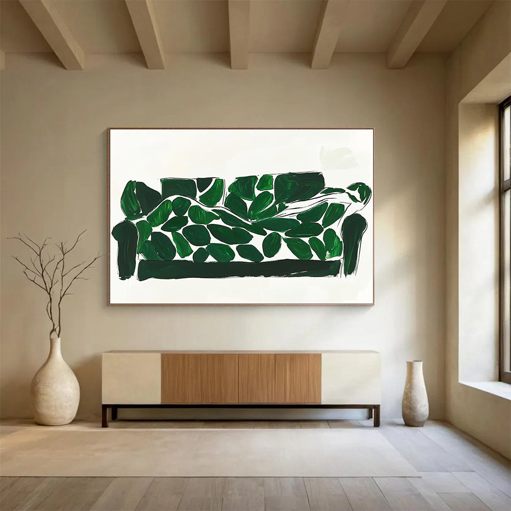 Whimsical Green Leaf Sofa Art Merging Daily Life and Creativity, Adding Playful Flair Abstract Painting ABS142