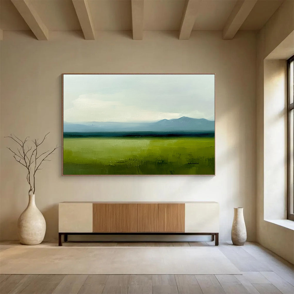 Subtle Green Landscape Painting with Calm Distant Mountains ABS567