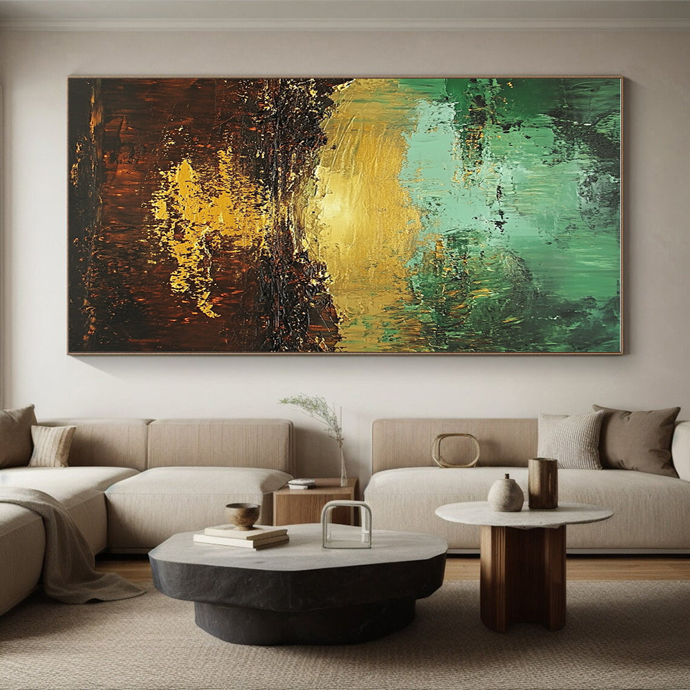 Green - Gold Abstract Landscape Painting with Ethereal Sunset WINK430
