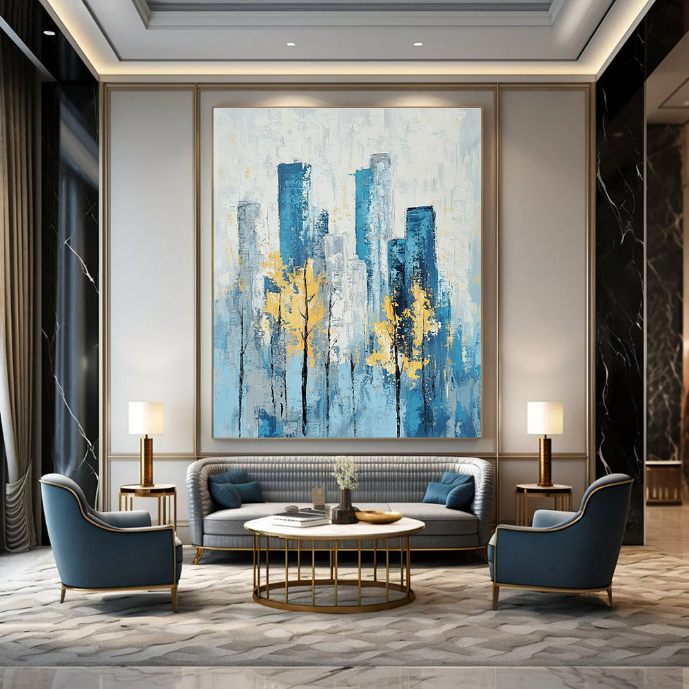 Blue Cityscape with Yellow Trees Serene Abstract Painting for Urban Homes GAB1402