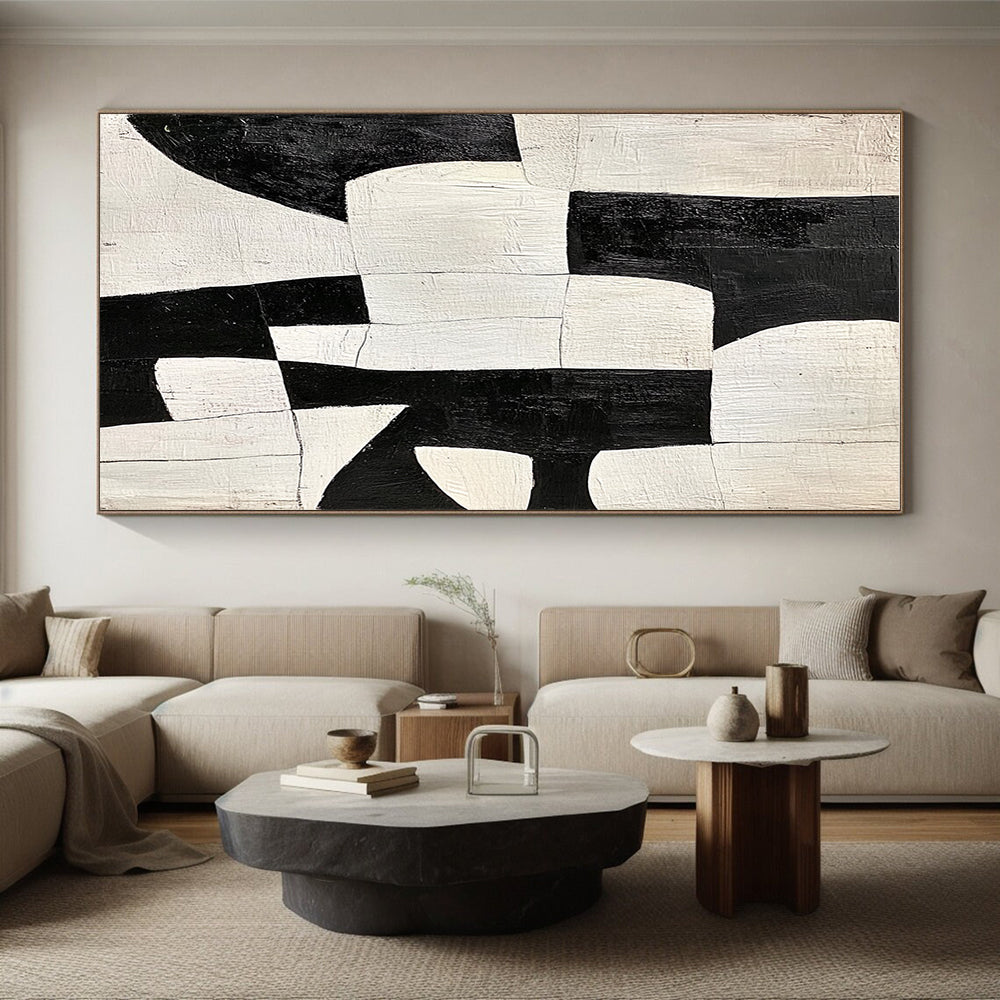 Black - and - White Patchwork Abstract Painting with Bold Contrast WINK323