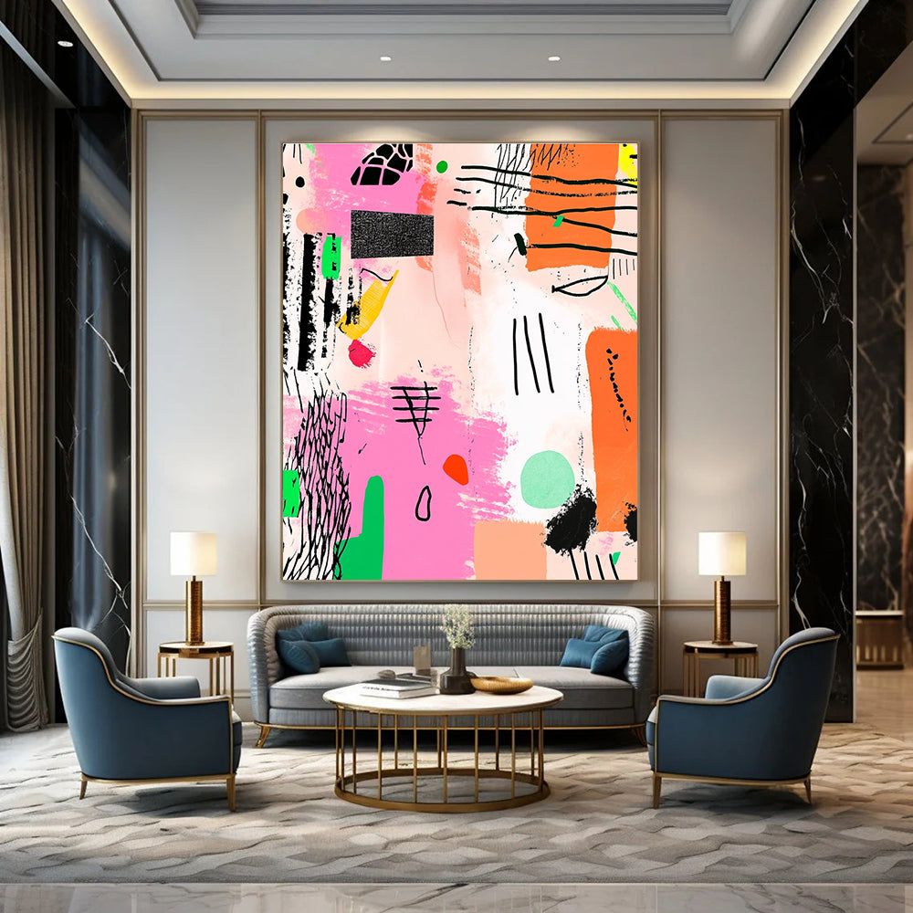 Pink and Green Abstract Doodles Painting of Spontaneous Creativity GAB0115