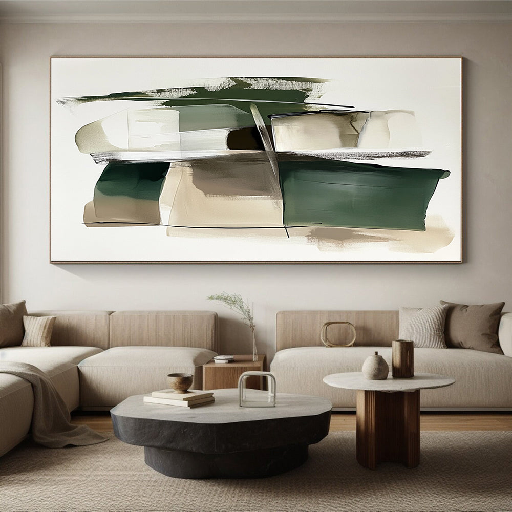 Green Beige Abstract Painting with Layered Geometry WINK560