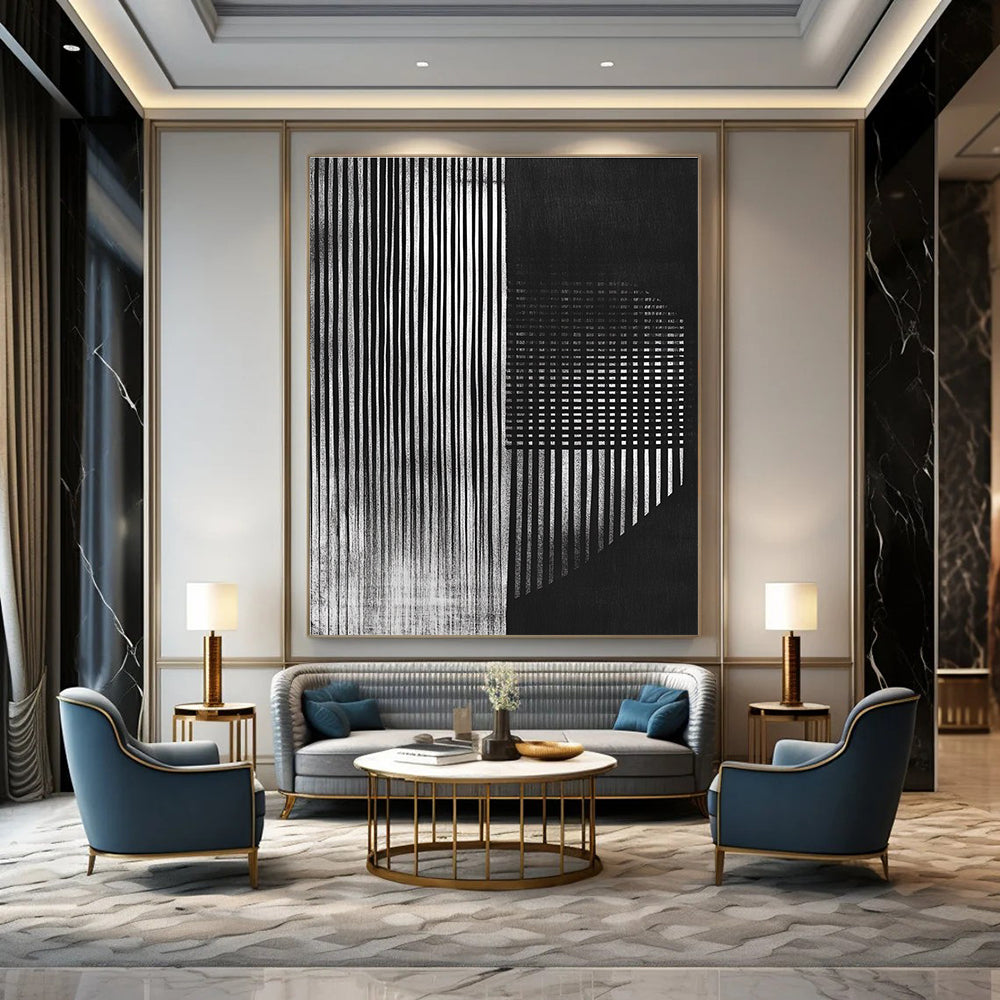 Black and White Striped Abstract Painting with Hidden Textures GAB0030