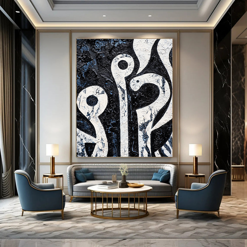 Black and White Organic Shapes Abstract Painting with Textured Surfaces GAB0056