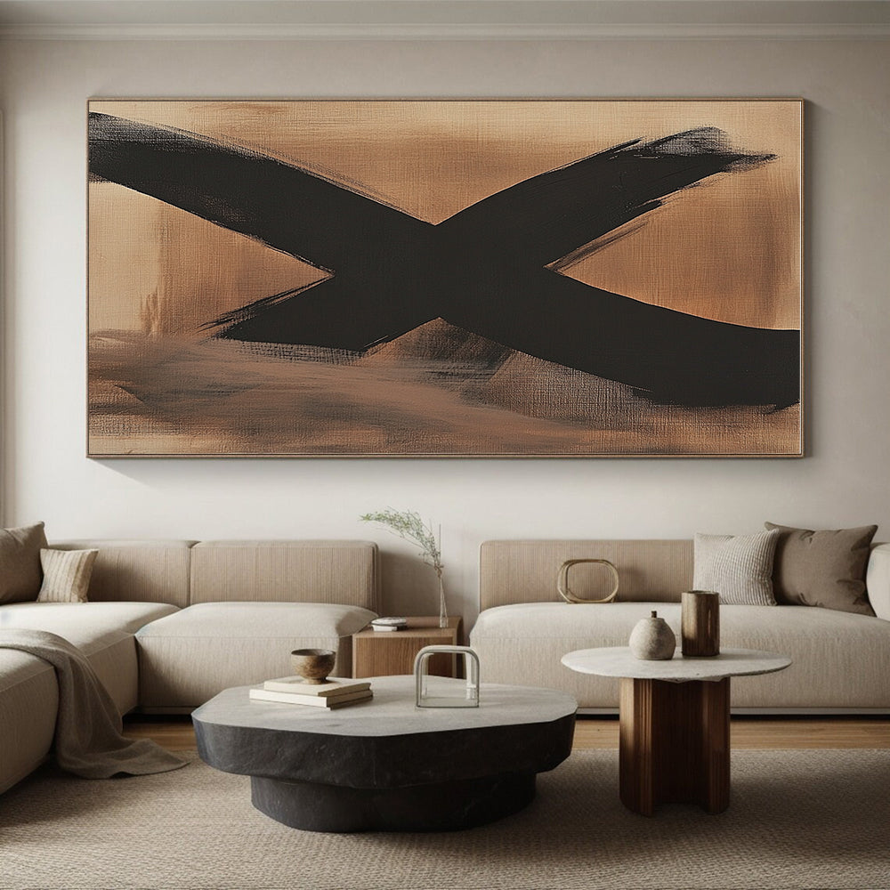 Large Black X on Beige Abstract Painting with Bold Symbolism WINK017