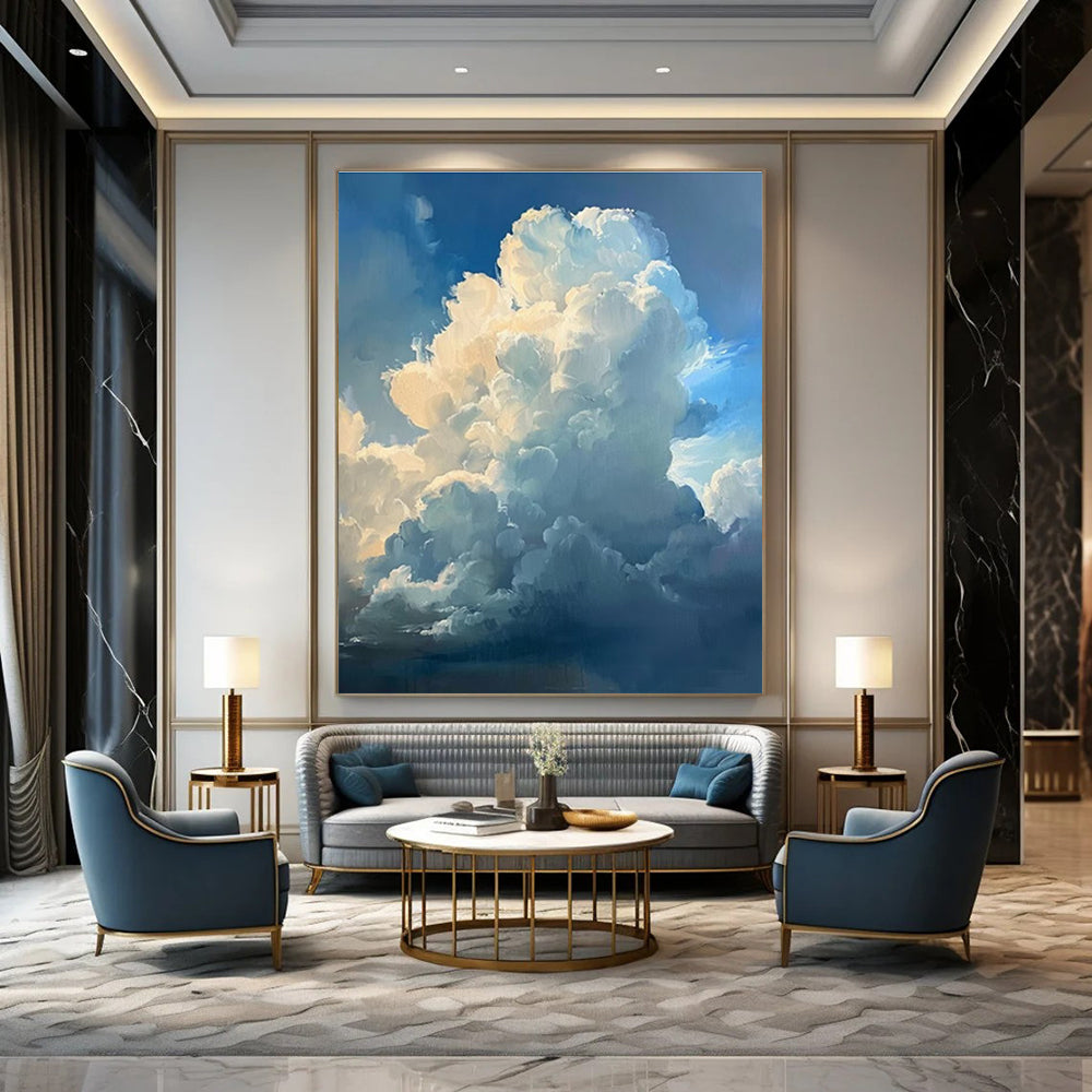 Fluffy Clouds Blue Sky Abstract Painting for Coastal Home Bedrooms HENG006