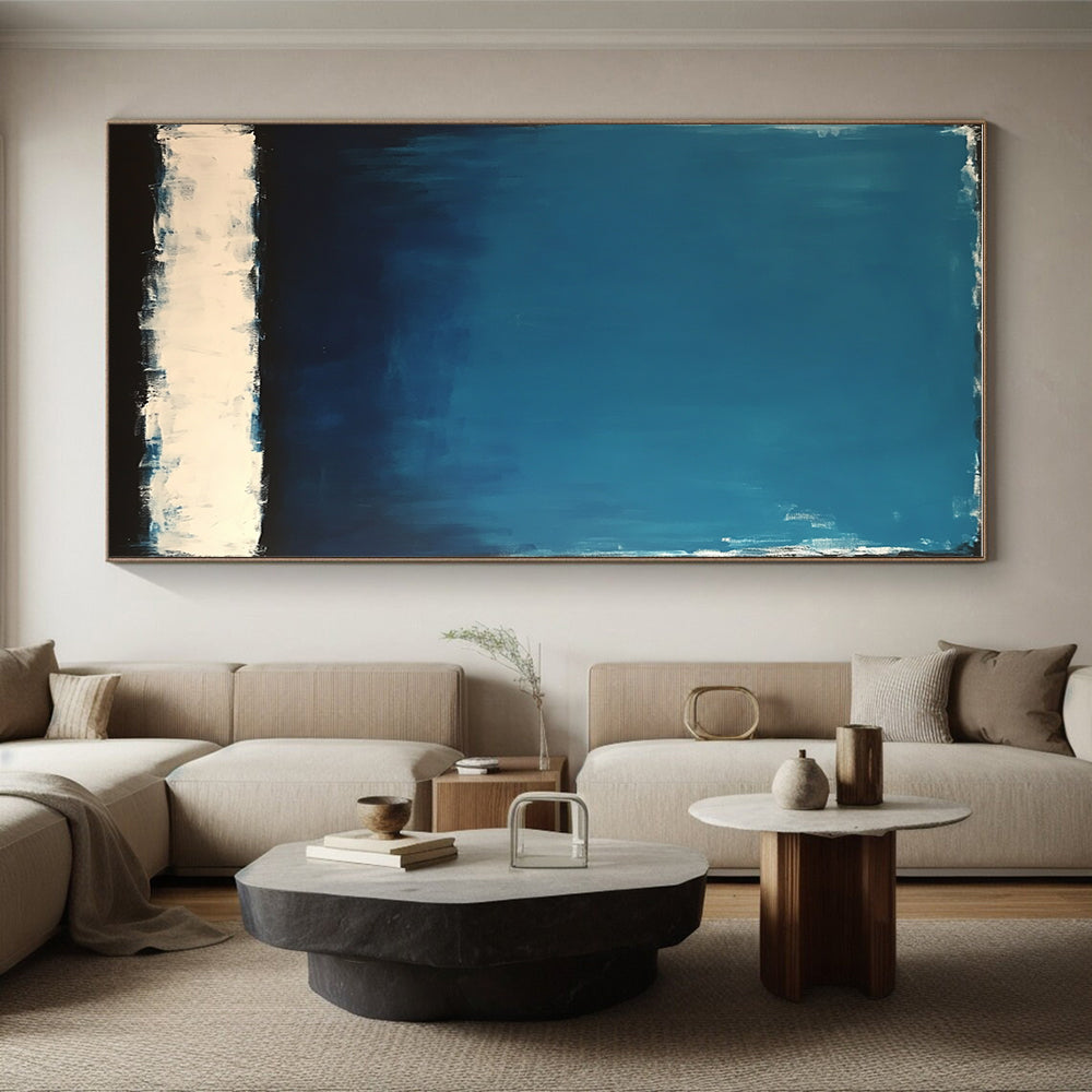 Deep Blue with White and Black Bands Abstract Painting with Layered Depth WINK027