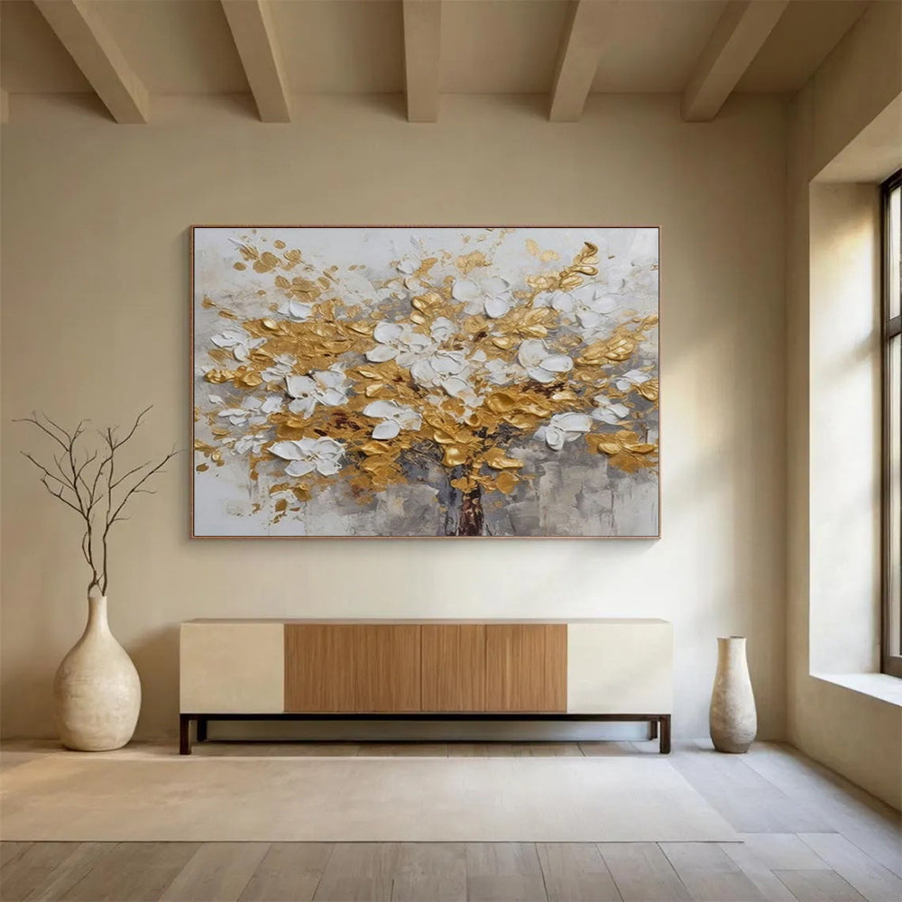 Gold and White Floral Abstract Painting for Luxurious Dining Rooms YHT246