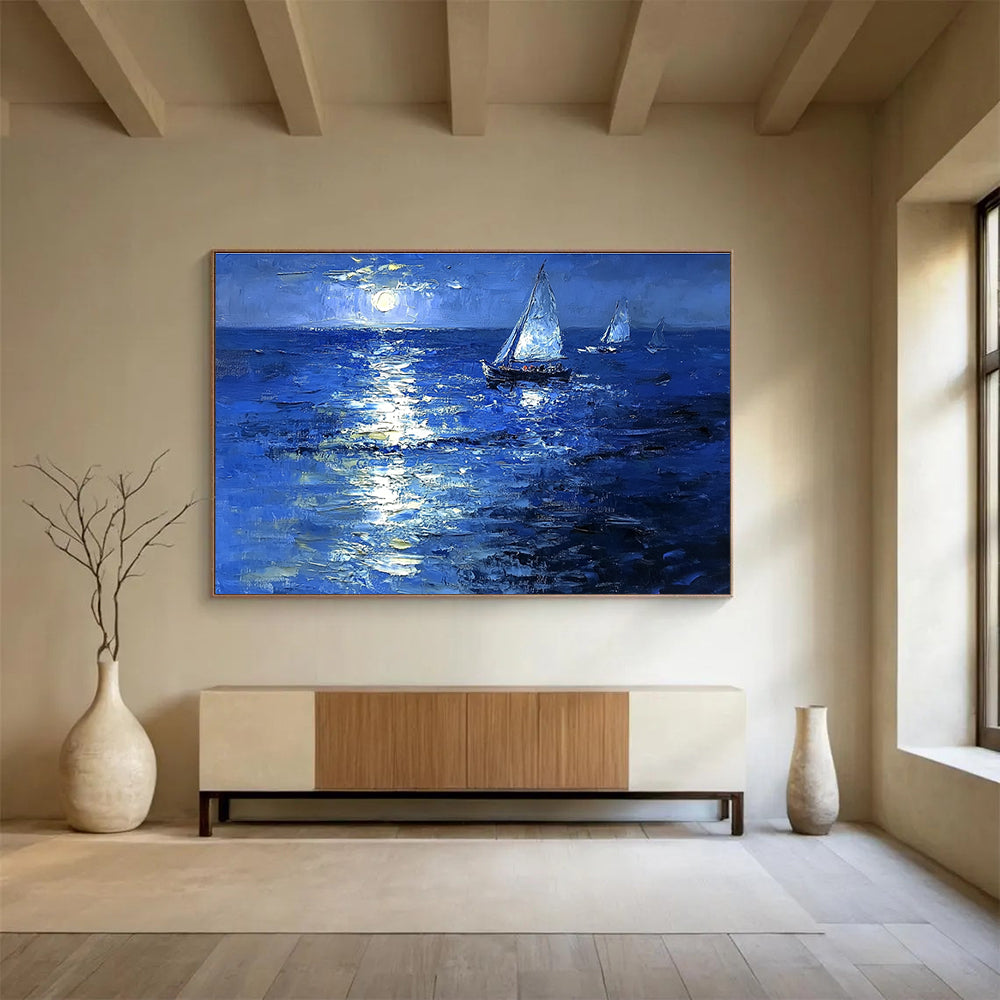 Moonlit Sailboats on Sea Abstract Painting with Nocturnal Serenity ABS601