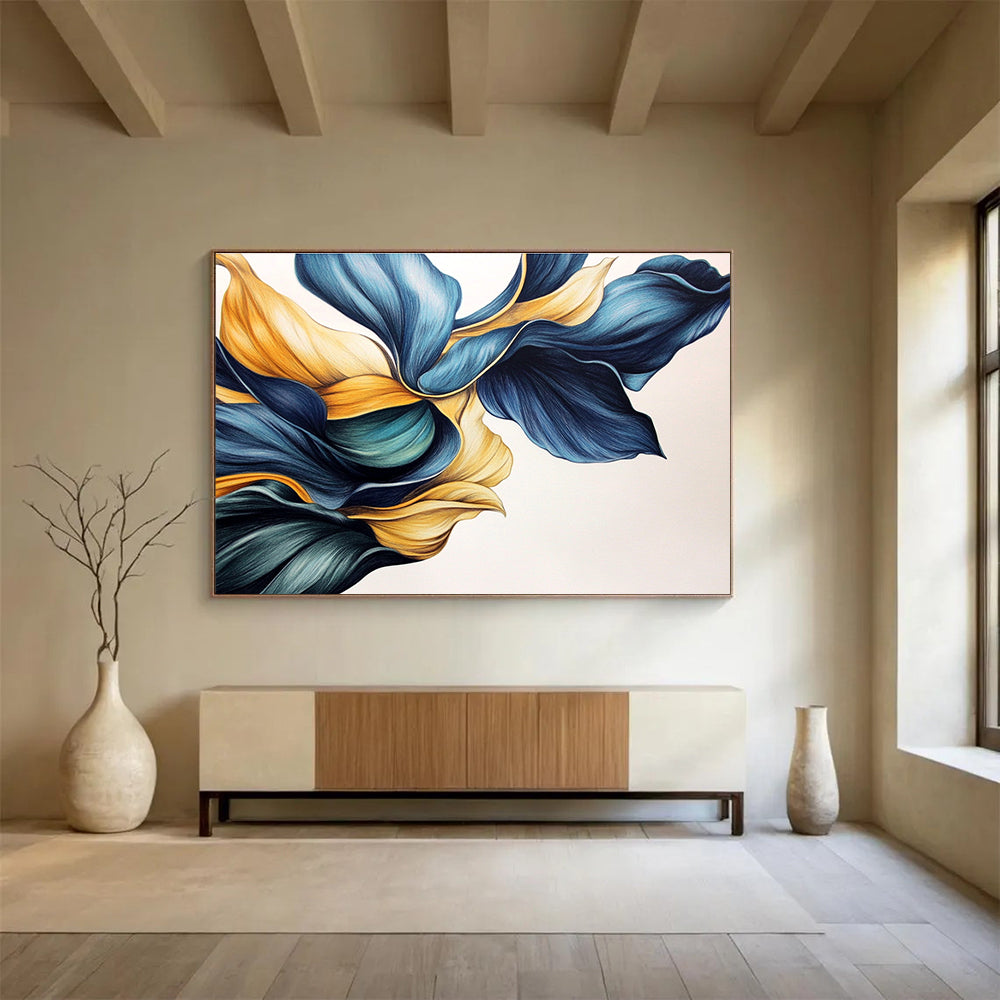 Blue and Gold Floral Shapes Abstract Painting with Elegant Fluidity ABS579