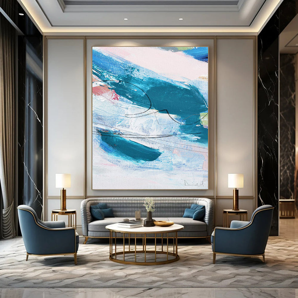 Blue - Teal Abstract with Curves Painting for Coastal - Inspired Spaces HENG151