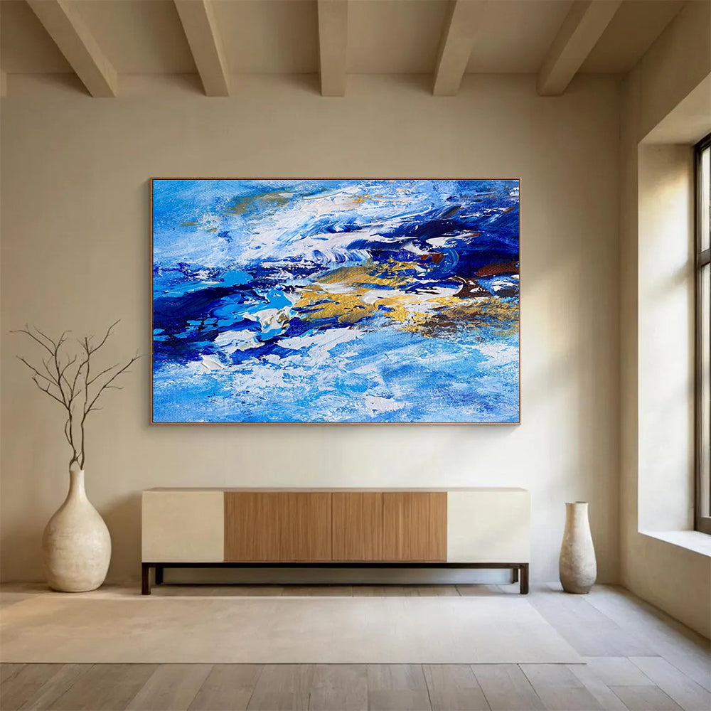 Blue and Gold Wave Abstract Painting for Nautical - Inspired Lounges YHT345