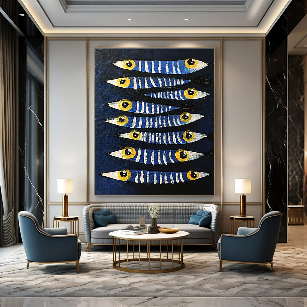 Blue Striped Fish Whimsical Marine Abstract Painting GAB0331