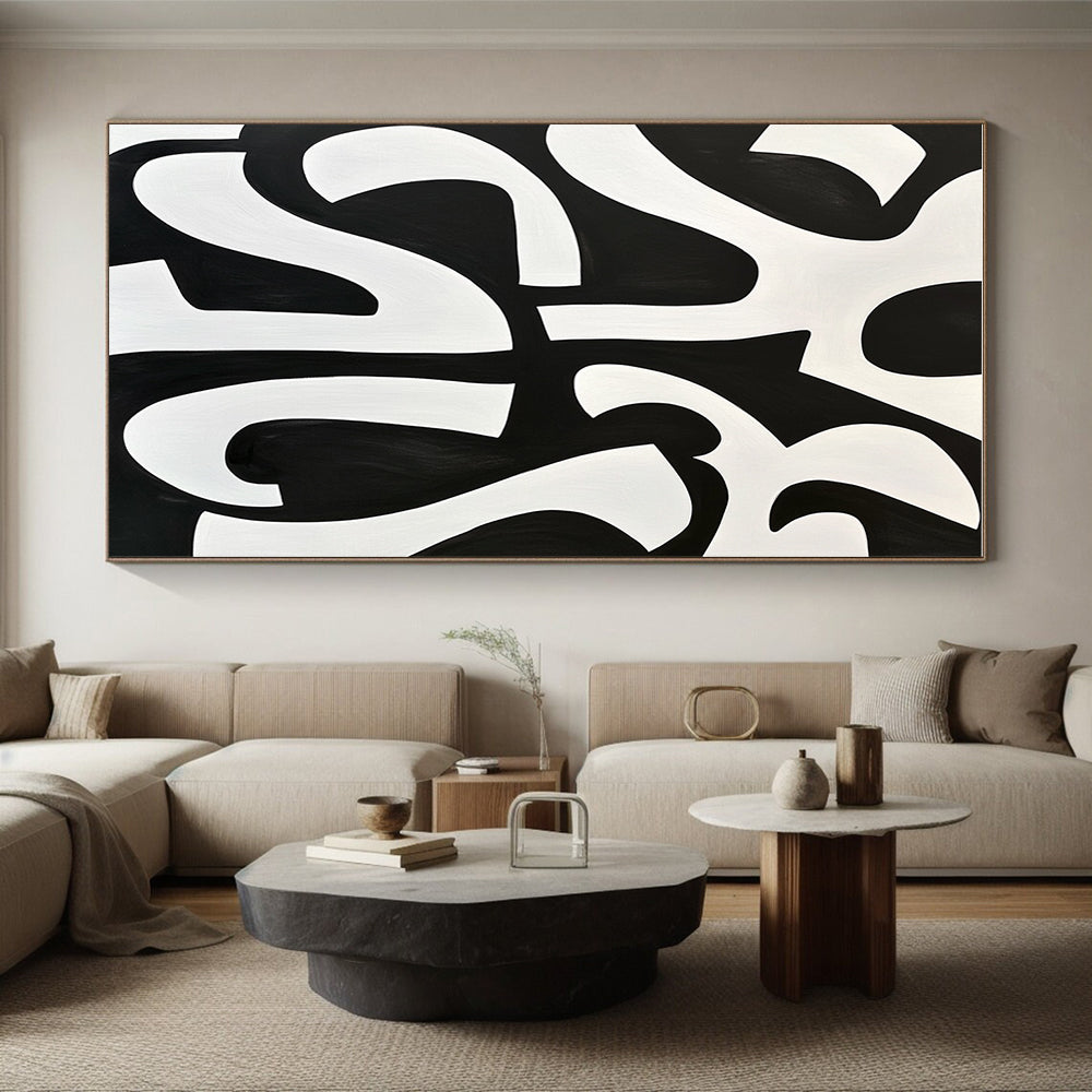 Black and White Curved Forms Abstract Painting with Dynamic Contrast WINK236