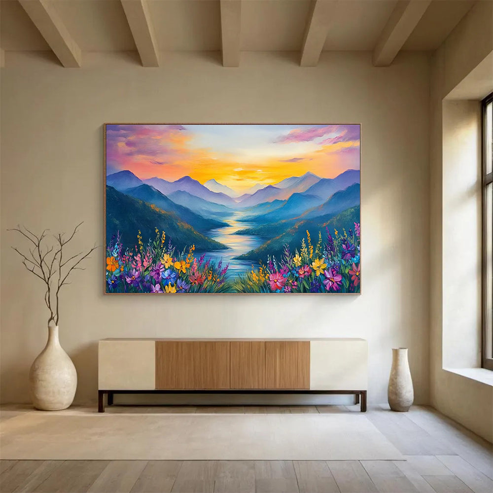 Sunset Mountain River Abstract Painting for Nature - Lover Bedrooms YHT414