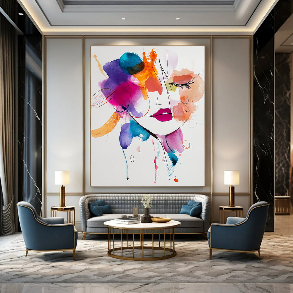 Watercolor Woman with Color Splashes Vibrant Abstract Portrait GAB0349