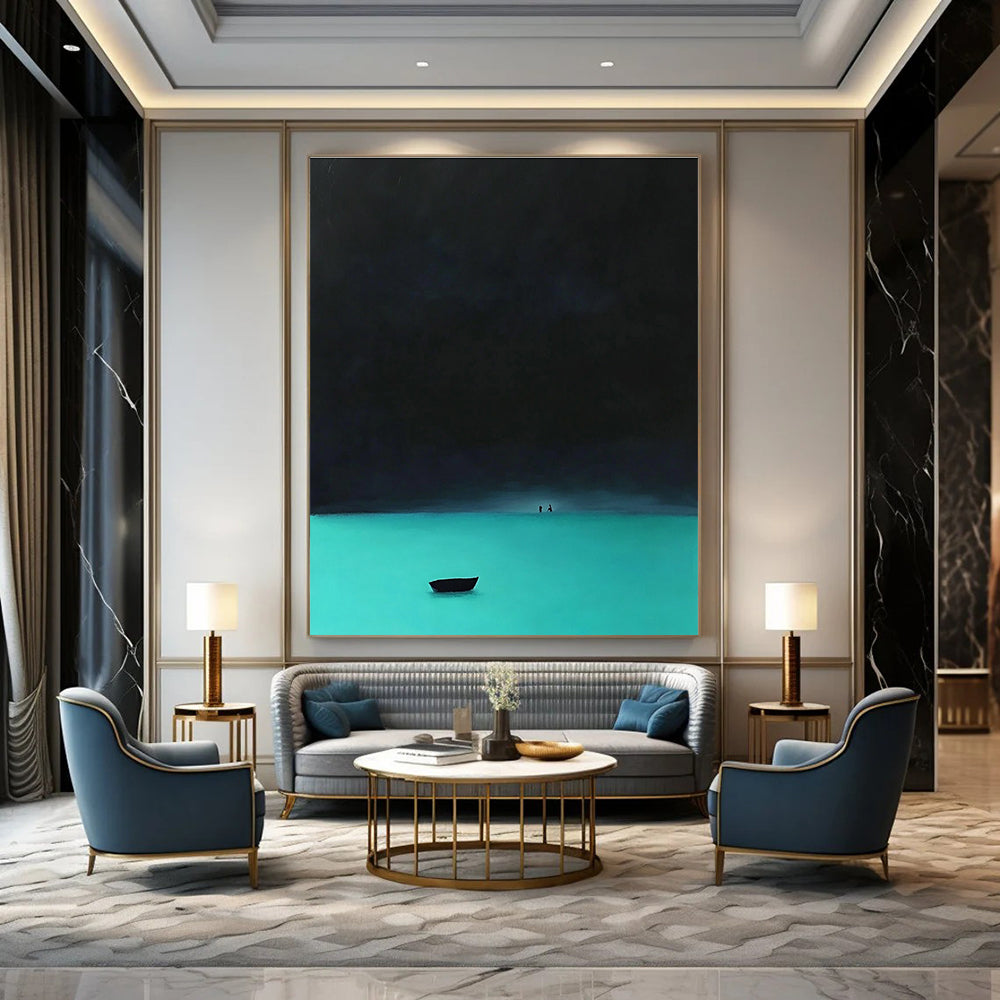 Night Lake with Boat Abstract Painting for Serene Bedroom Retreats GAB1341
