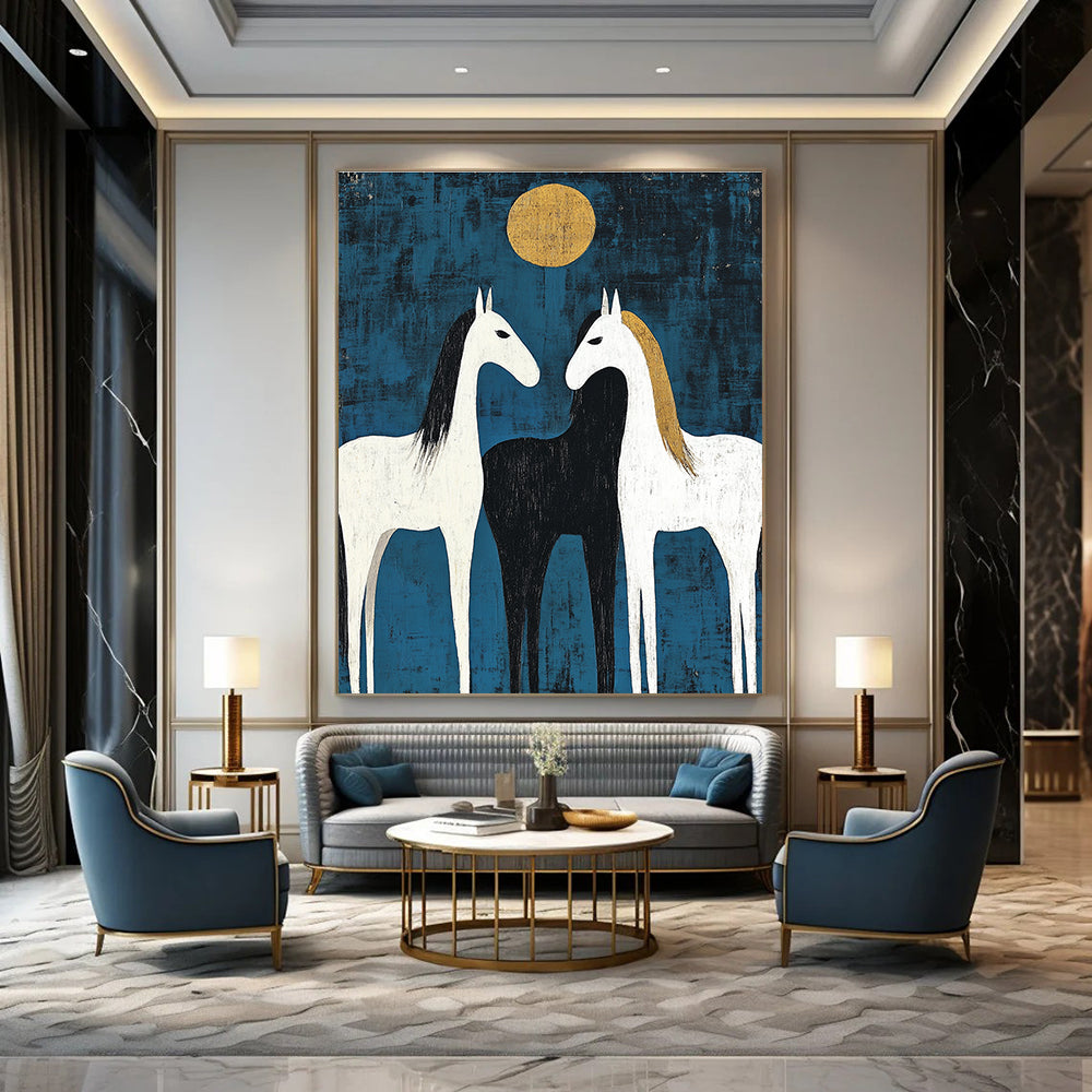 Two Horses Under Golden Moon - Symbolic Equine Abstract Art GAB0512