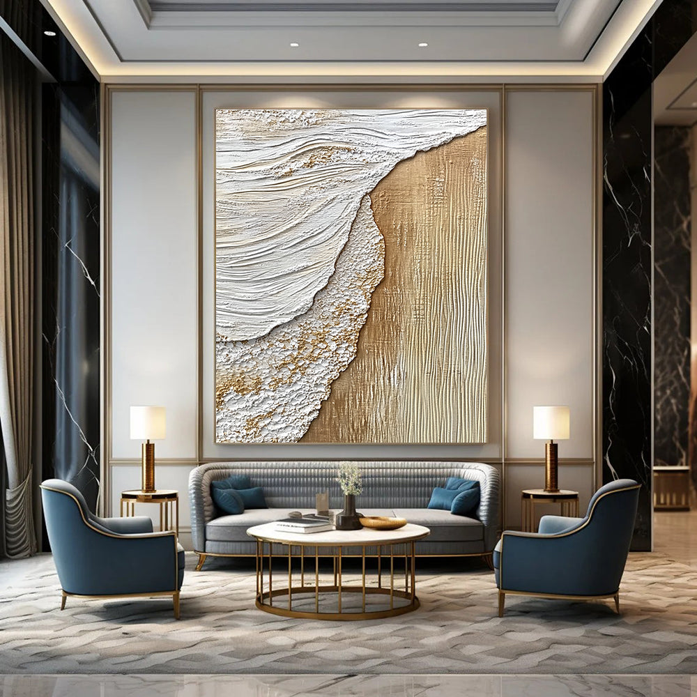 Beige and White Textured Shore Abstract Painting with Coastal Elements GAB0070