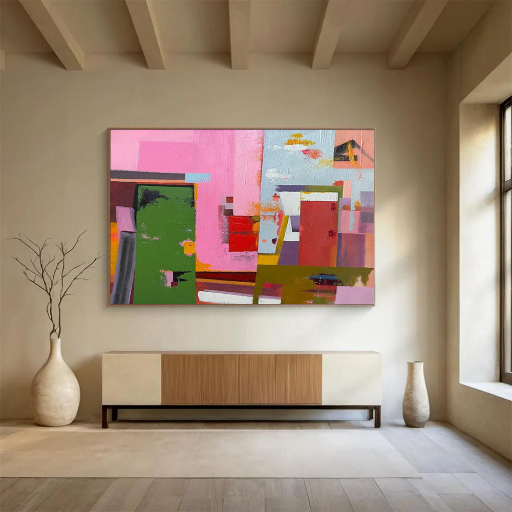 Pink - Toned Abstract City Painting for Modern Spaces YHT013