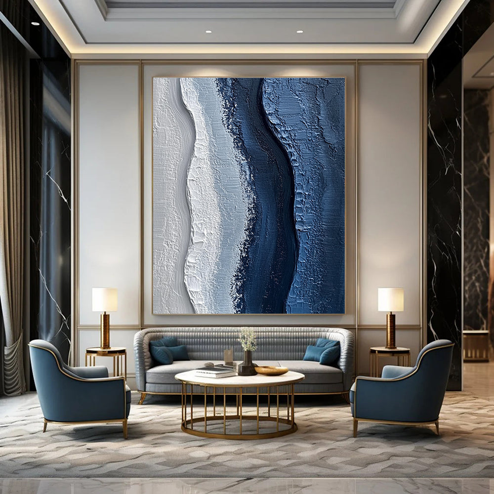 Blue and White Textured Waves Abstract Painting of Oceanic Calm GAB0093