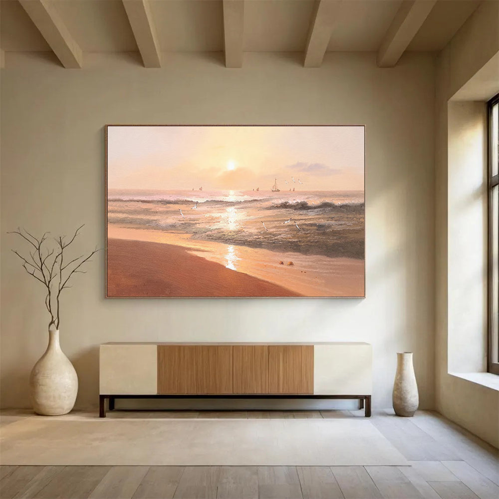 Beach Sunset with Birds Abstract Painting for Coastal Resort Lobbies YHT266