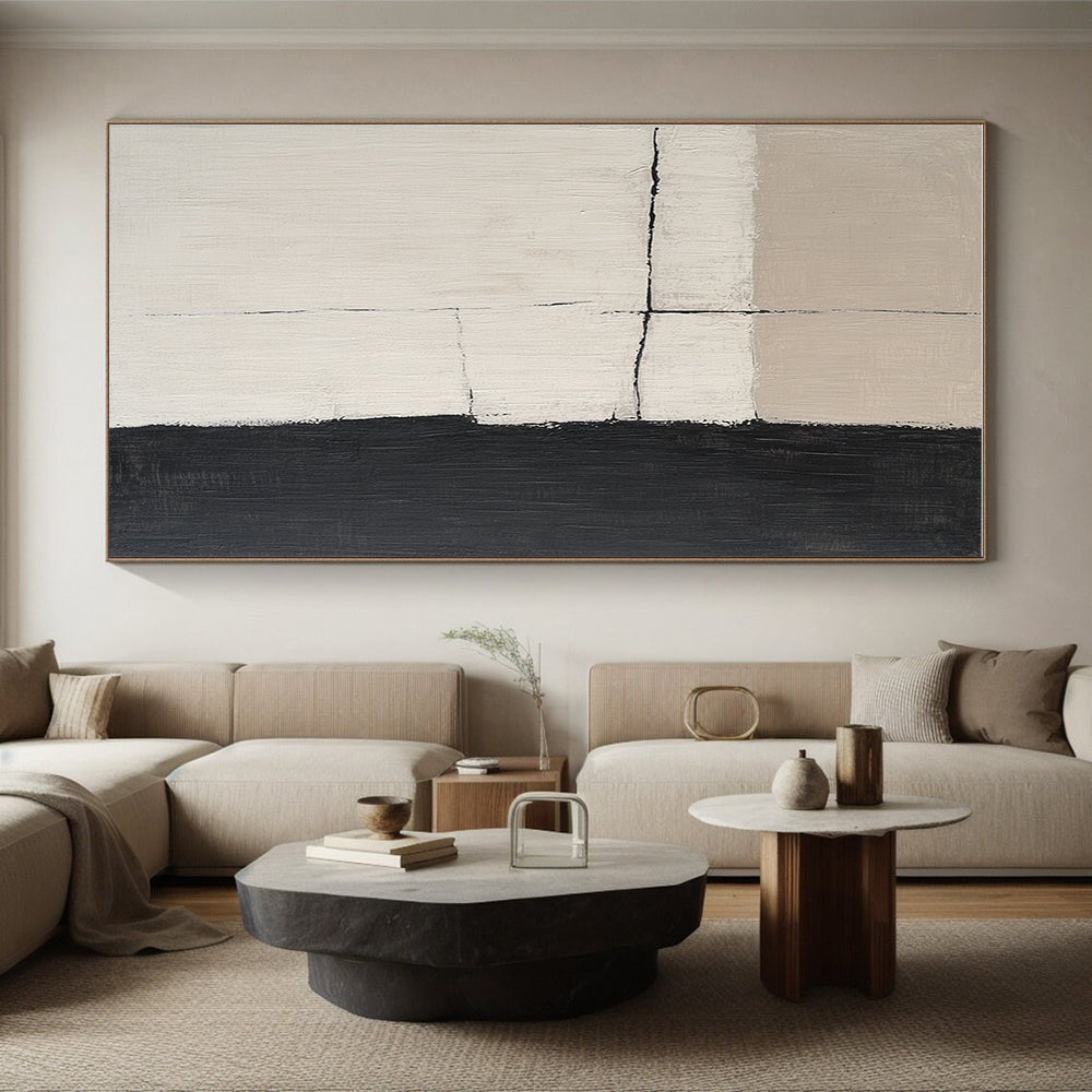 Beige and Black Grid Abstract Painting with Textured Surfaces WINK847