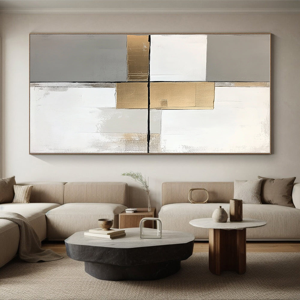 Gray Gold White Abstract Painting with Clean Lines WINK649