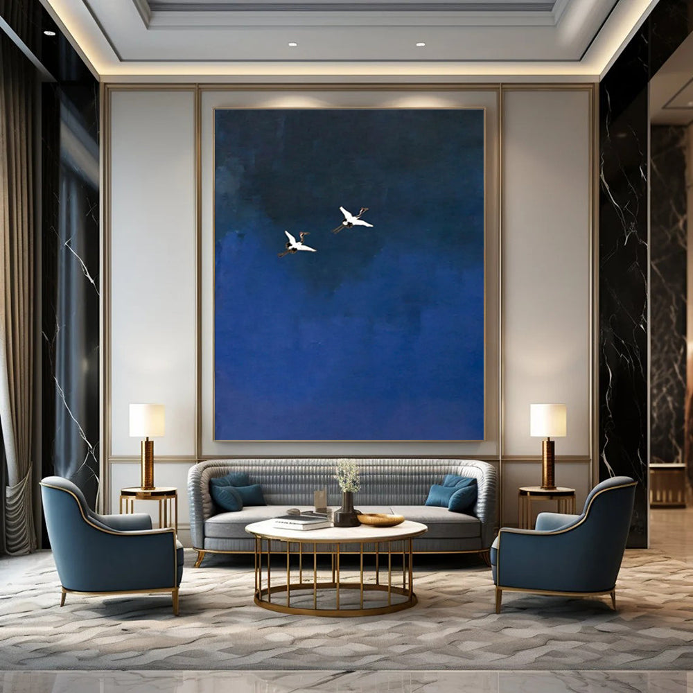 Two Cranes in Blue Sky Abstract Painting for Zen - Inspired Spaces HENG481