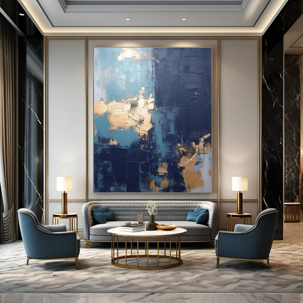 Blue - Gray - Gold Abstract Painting for Luxury Hotel Lobbies HENG130