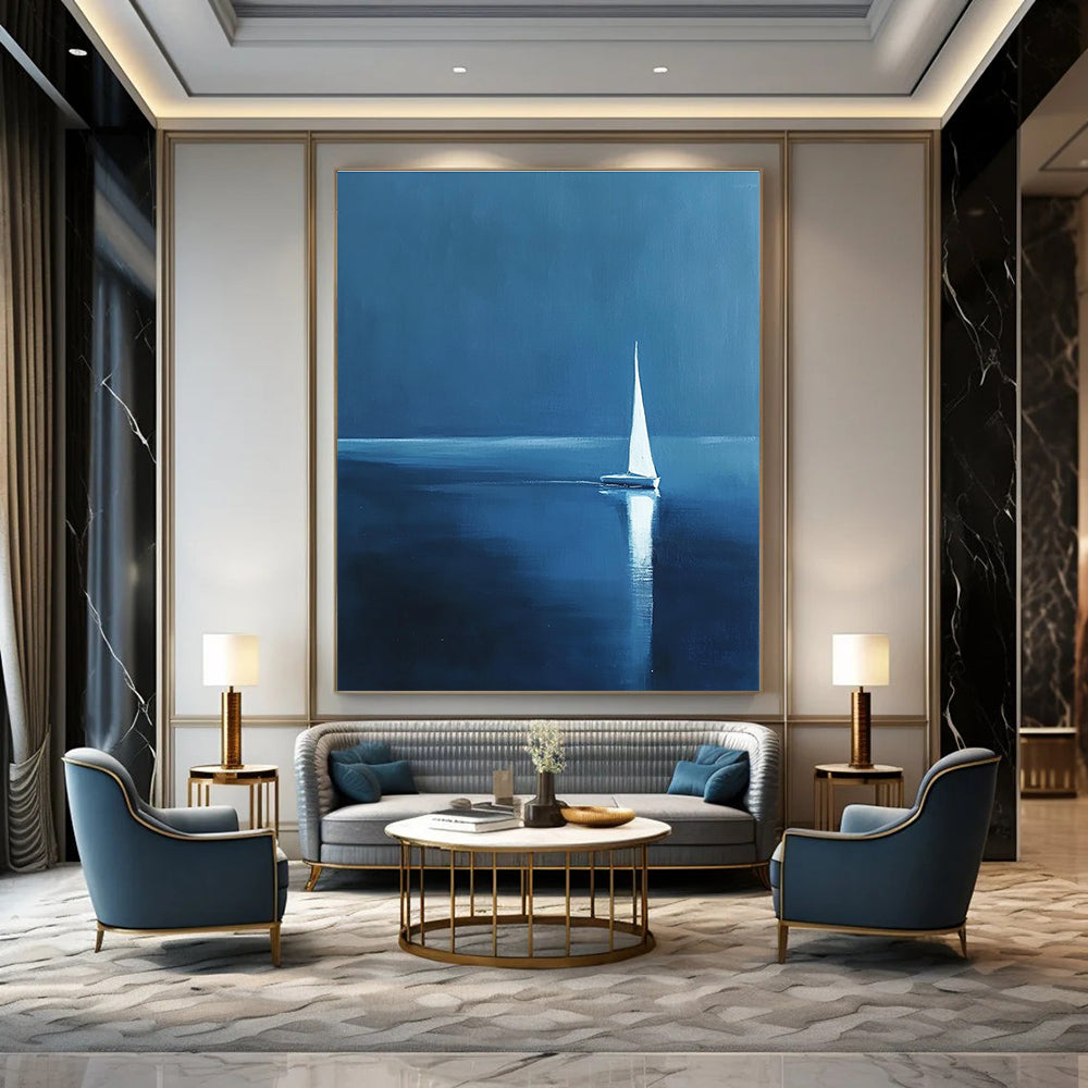 White Sailboat at Night Serene Maritime Abstract Painting GAB0223