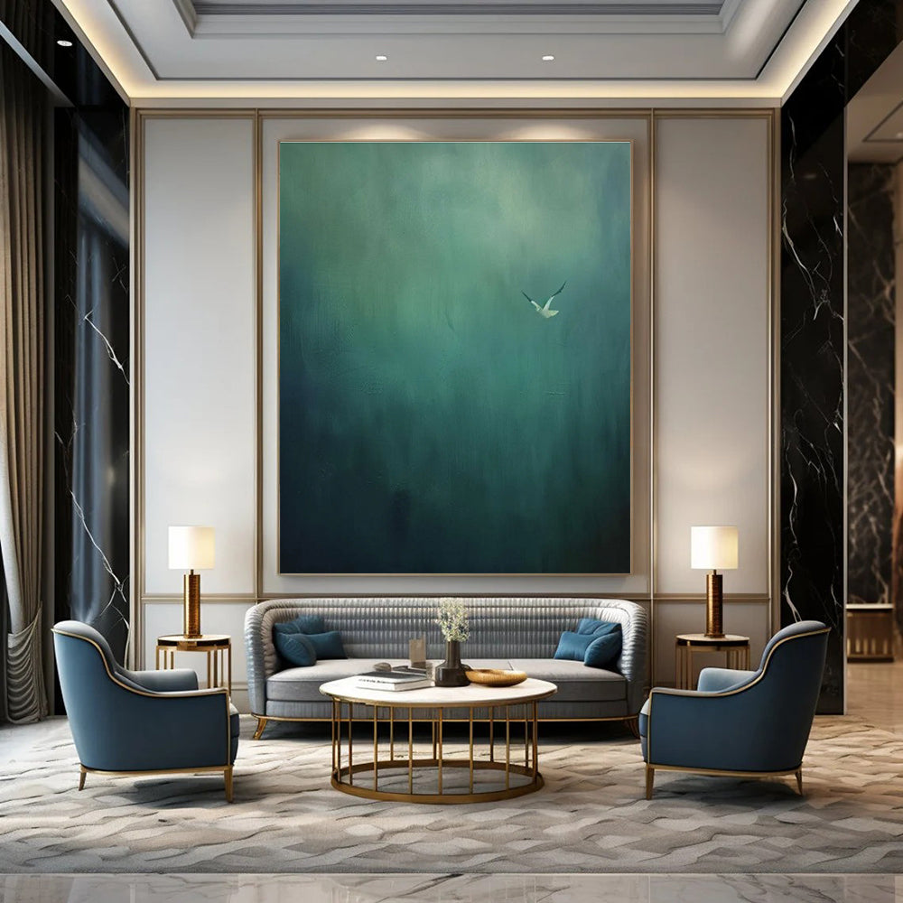 Solitary Bird in Green Abstract Painting for Peaceful Meditation Rooms HENG477