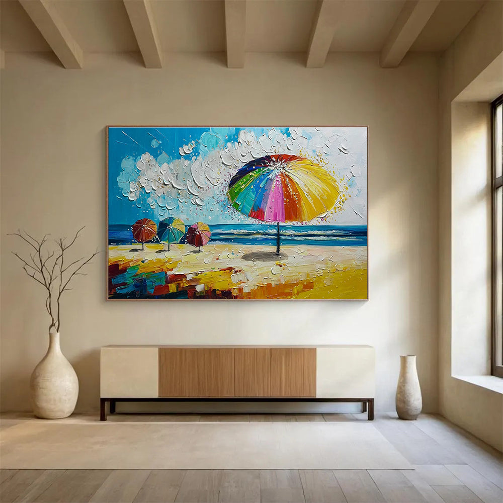 Beach Umbrellas Scene Abstract Painting for Coastal Home Decor YHT310