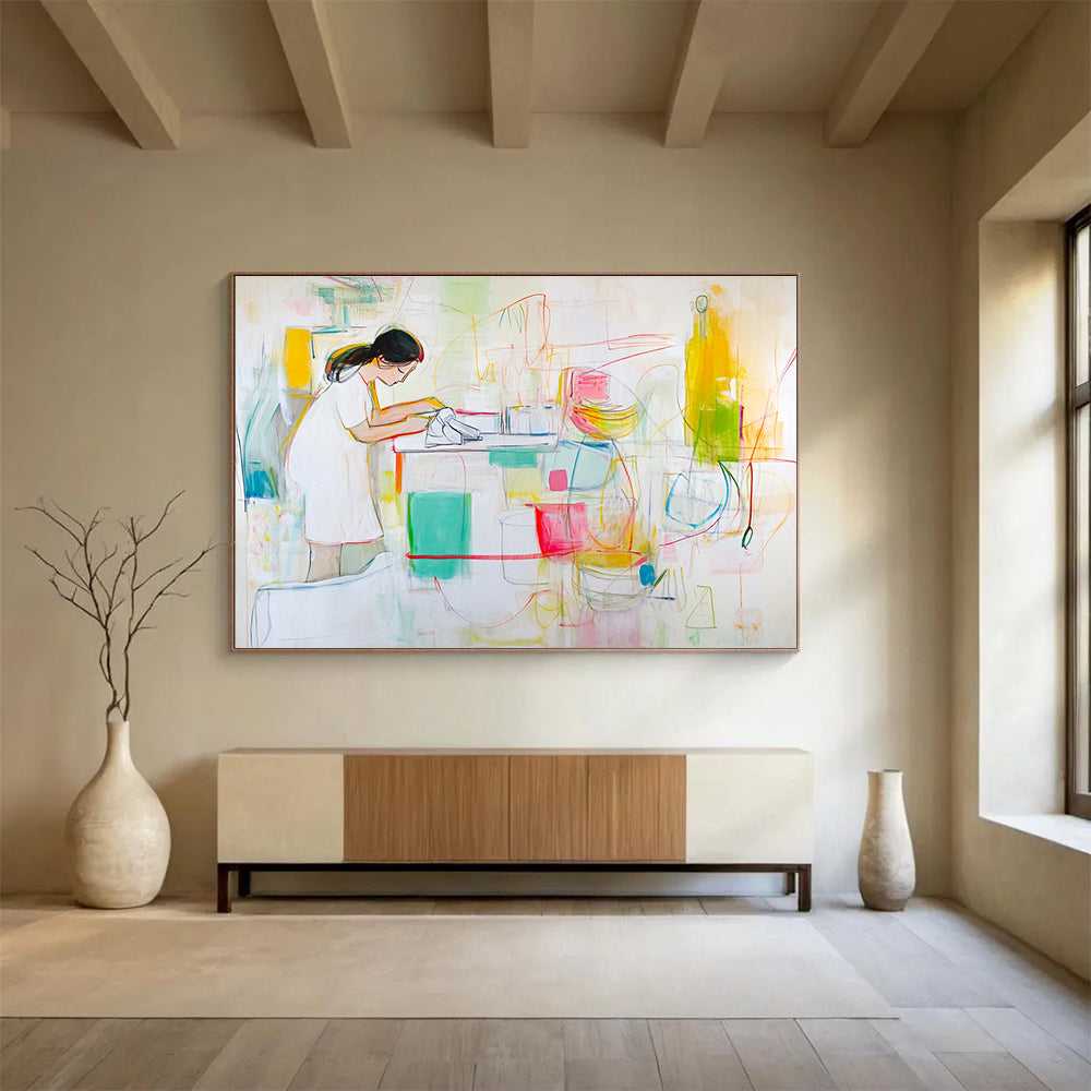 Woman at Work in Colorful Kitchen with Expressive Lines Abstract Painting ABS325