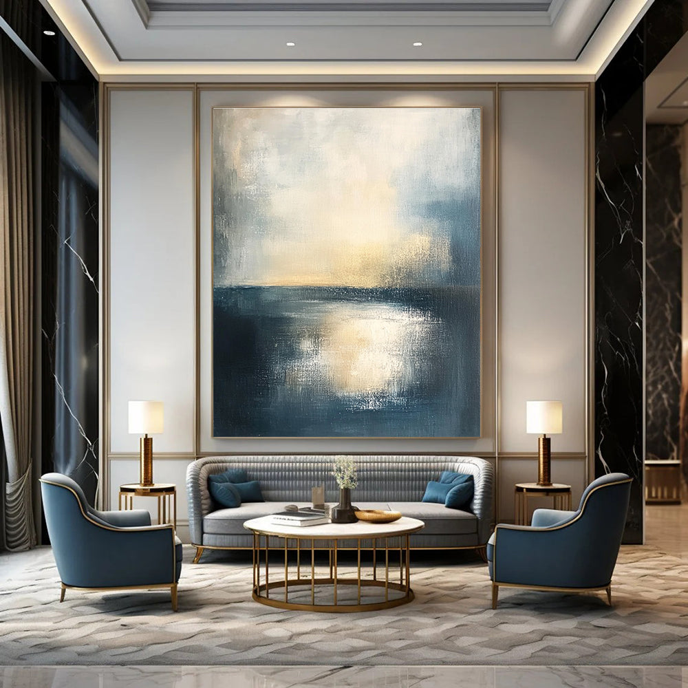 Serene Blue - Gold Sea Abstract Painting: Coastal Sunset Tranquility GAB0957