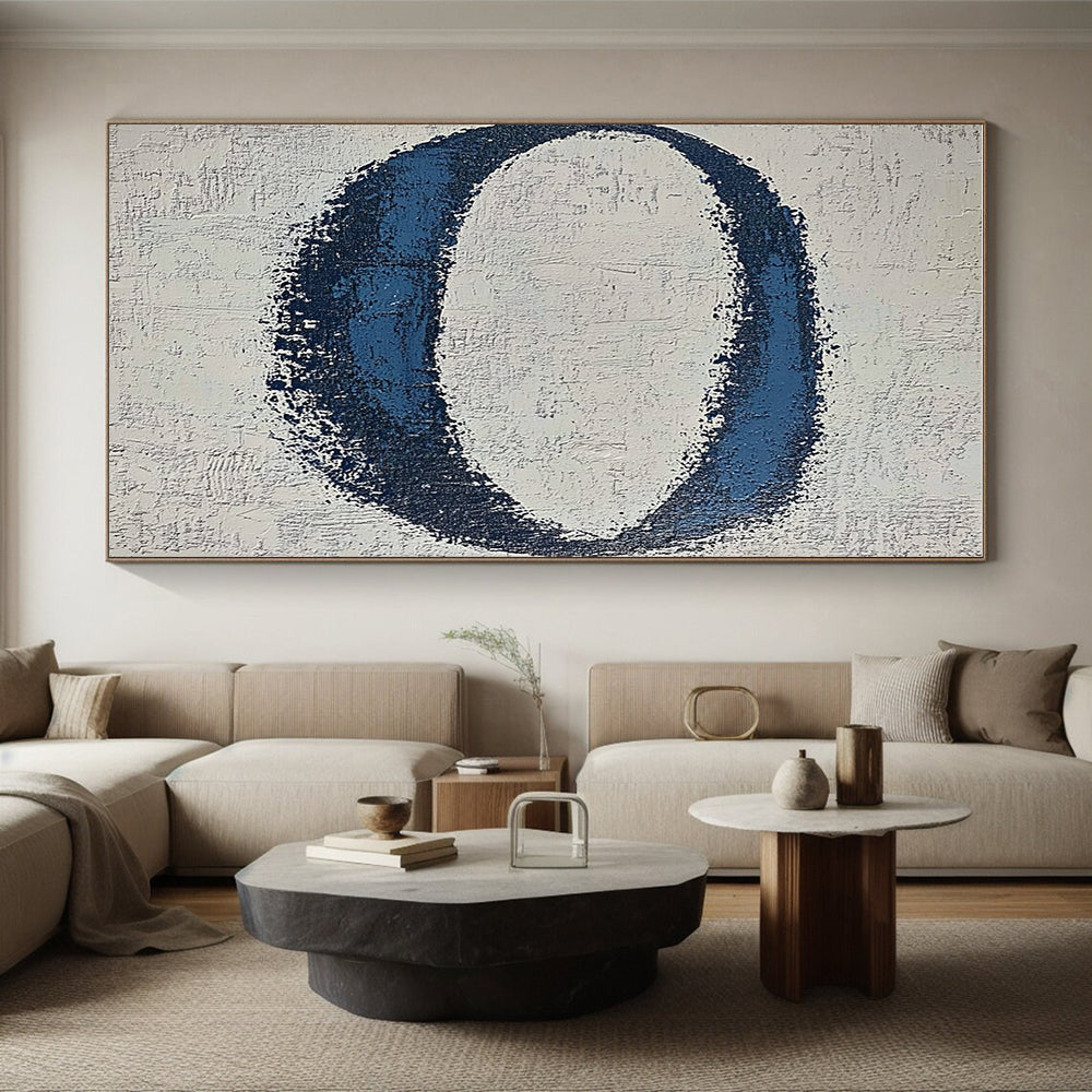 Blue Oval on Textured White Abstract Painting with Tactile Simplicity WINK024