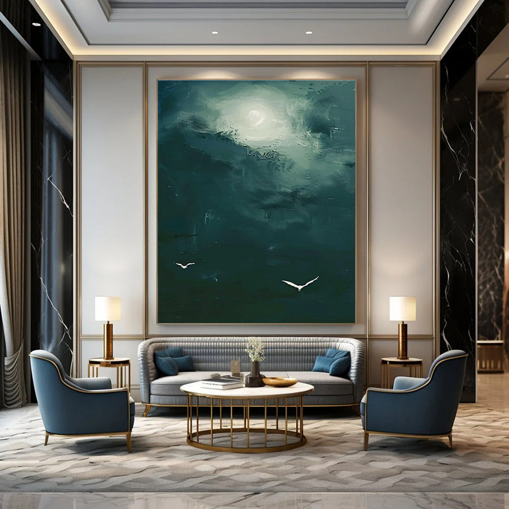 Dark Green Sky with White Birds Abstract Painting for Nature - Themed Spas HENG508