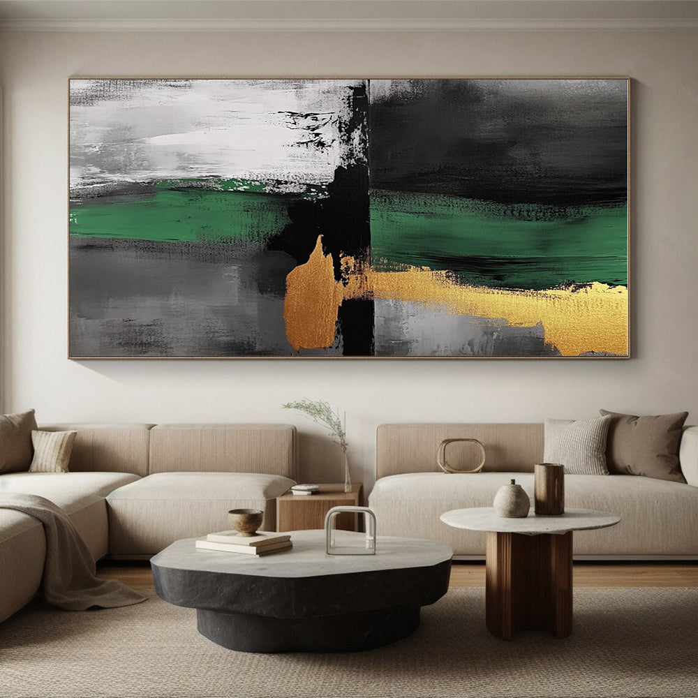 Green Black Gold Abstract Painting with Bold Accents WINK550