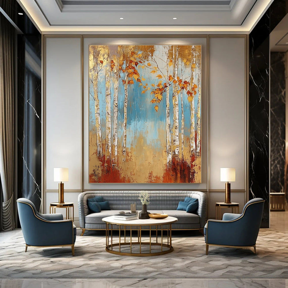 Golden Birch Forest Abstract Painting for Cozy Living Rooms GAB0753