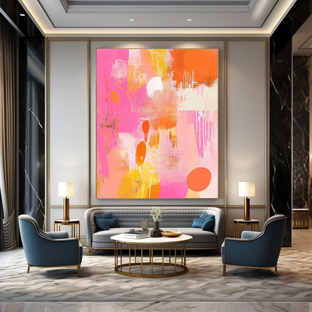 Pink and Orange Abstract Floral Painting for Cheerful Interiors GAB1452