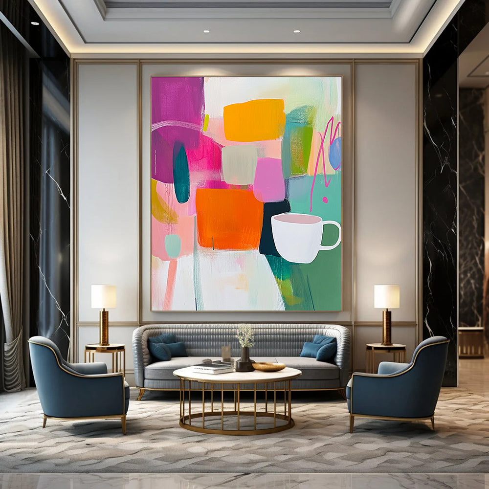Colorful Abstract with Cup Painting for Modern Café Waiting Areas GAB1220