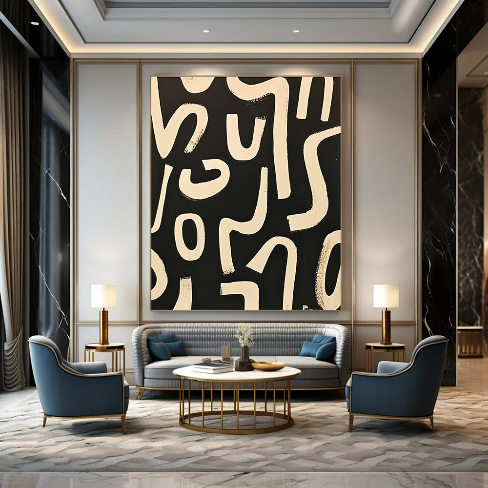 Black and White Curved Lines Dynamic Abstract Painting GAB0370