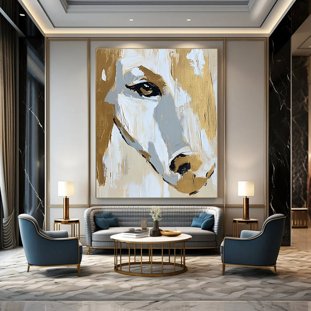 Horse Face in Gold and White - Elegant Equine Abstract Art GAB0511
