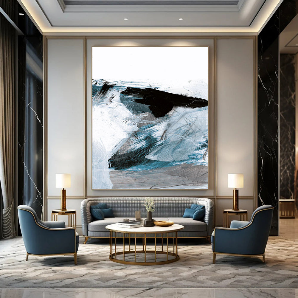 Dynamic Blue - Black Abstract Waves Painting for Coastal Interiors HENG220