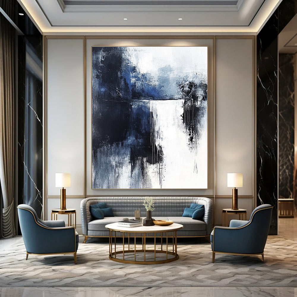 Dramatic Blue and Black Drip Abstract Painting for Bold Decor GAB0684