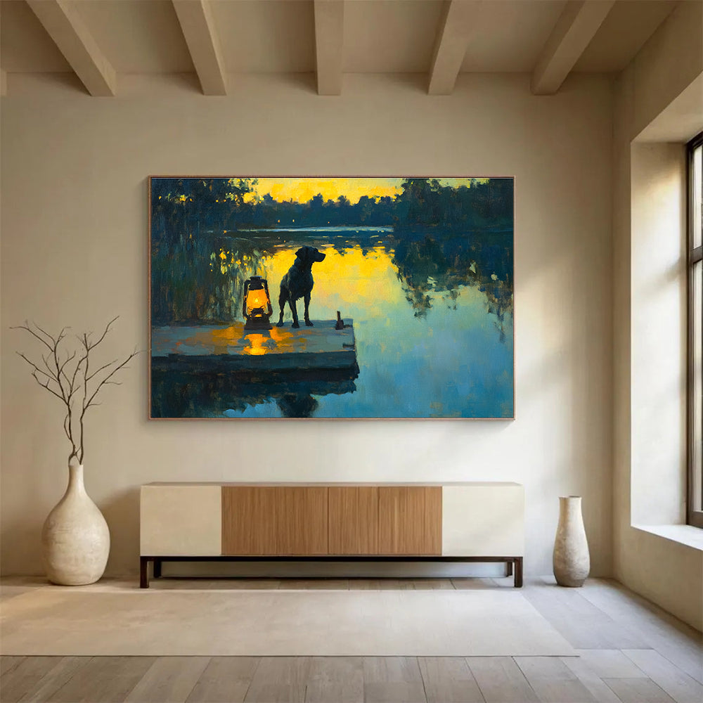 Dog by Lantern on Dock Abstract Painting with Evening Serenity ABS591