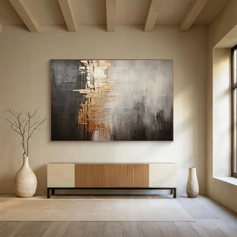 Gray and Gold Abstract Fusion Painting for Sophisticated Office Boardrooms YHT319