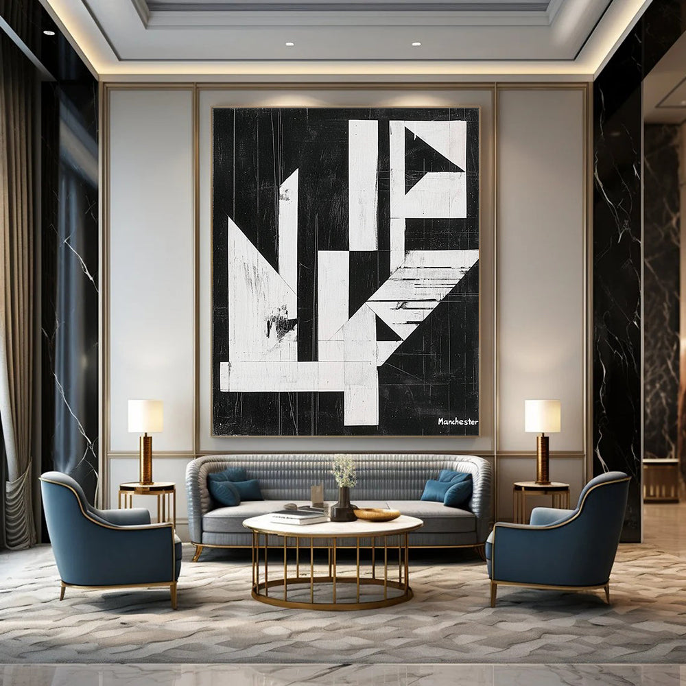 Geometric Black and White Abstract Painting of Architectural Form GAB0197
