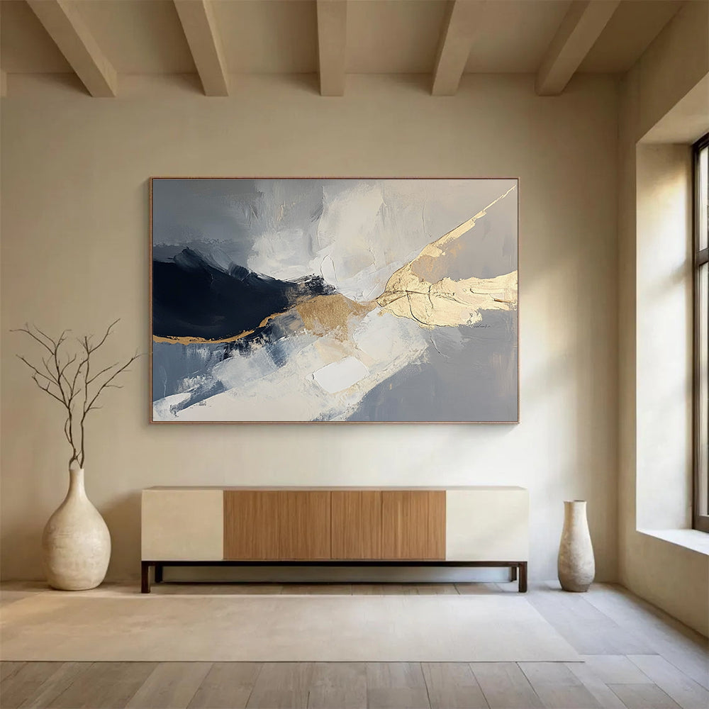Black, White, and Gold Dynamic Abstract Painting ABS299